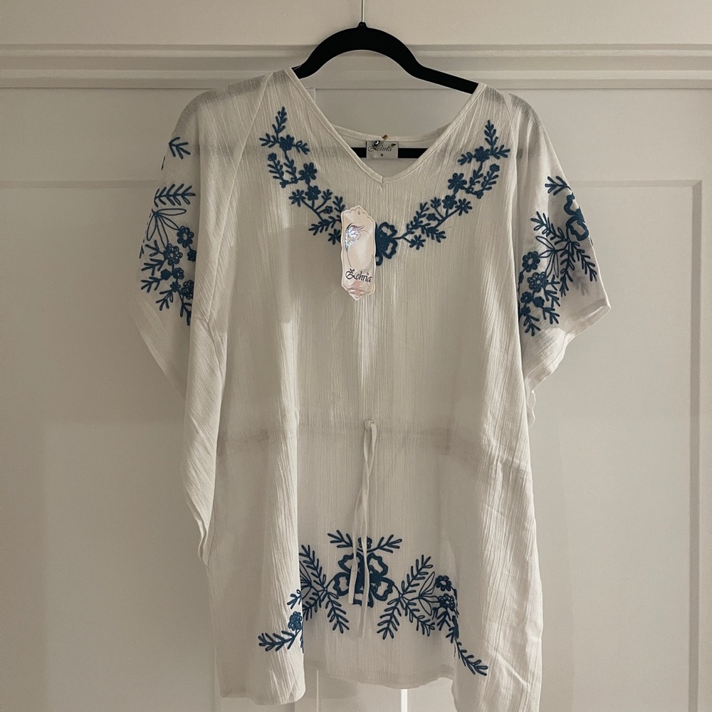 Summer White Blouse with Blue Embroidery